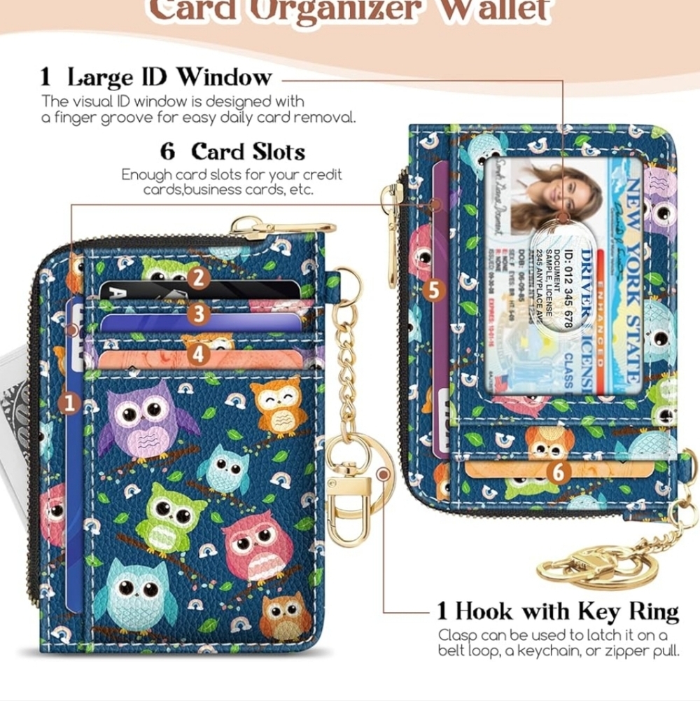 Owl Print Card Organizer Wallet with Key Ring